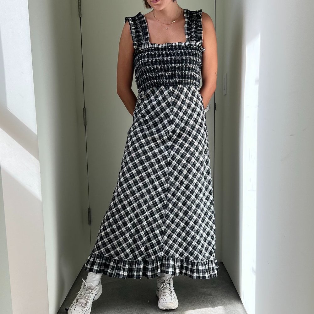 Blue Seersucker Black and White Check Long Dress